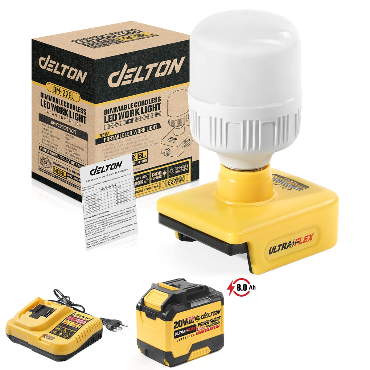 ไฟส่องสว่างไร้สาย (พร้อมแบตเตอรี่) DELTON รุ่น DM-27EL ULTRAFLEX 20V 8AH_1